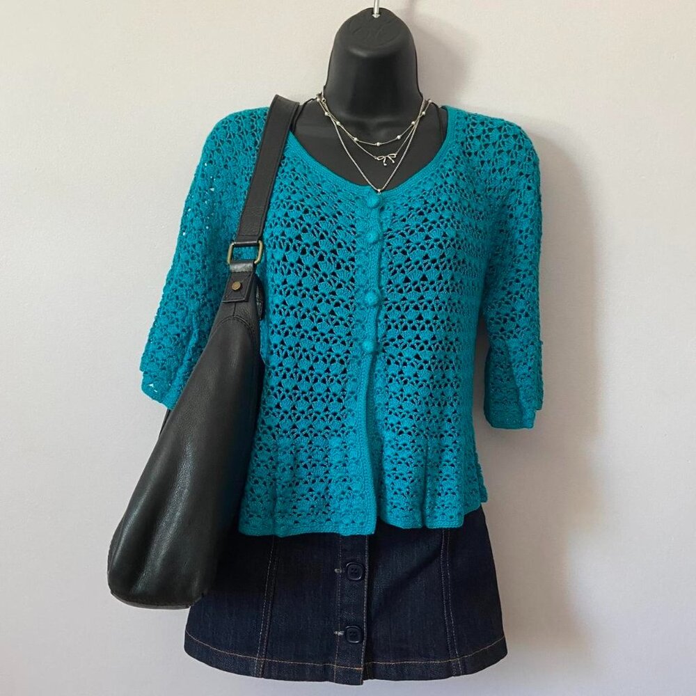 y2k 2000s whimsical teal blue open knit crochet fairy cardigan
